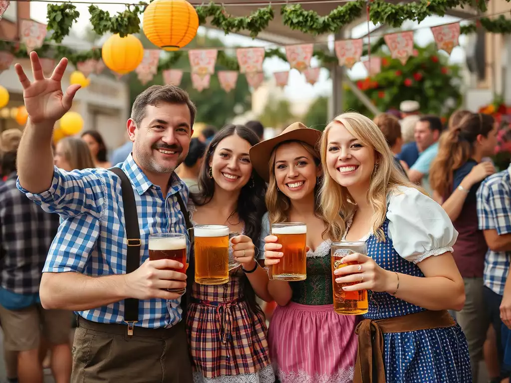 Fröhliche Menschen feiern auf dem Oktoberfest in Cape Coral, traditionelle Kleidung, Bierkrüge