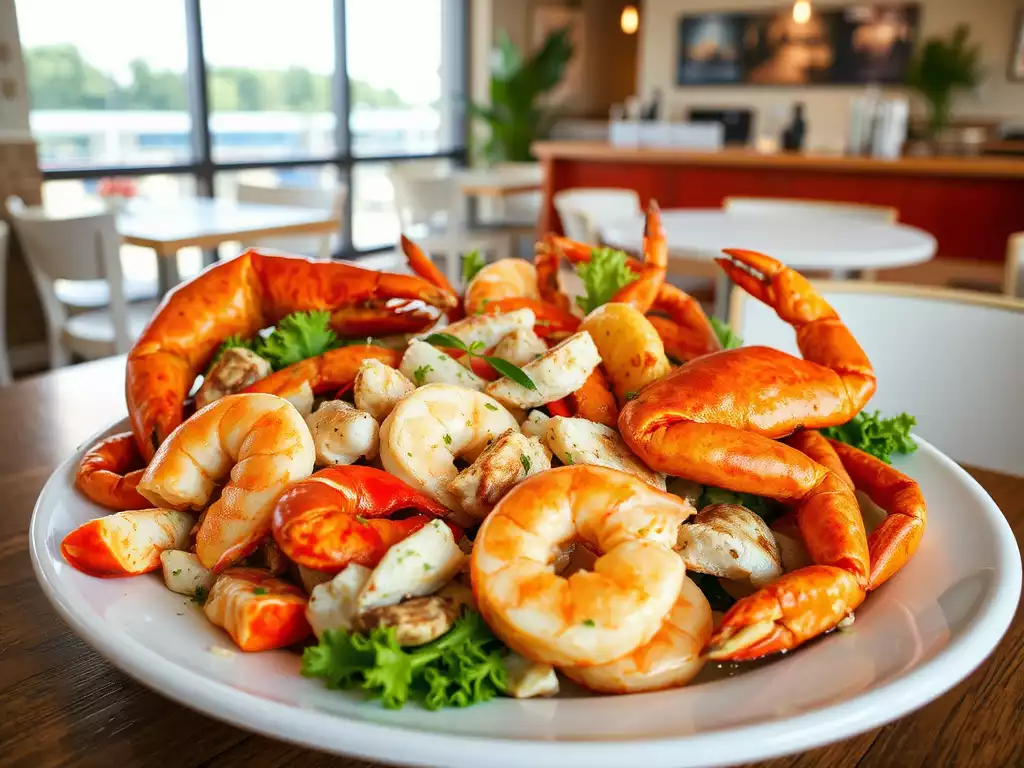 Beautifully arranged fresh seafood platter with lobster, shrimp, and crab legs in a restaurant setting in Cape Coral