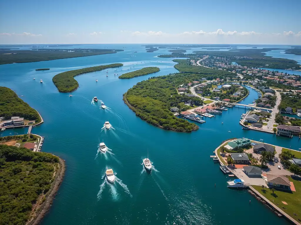 Aerial view of Cape Coral's extensive canal system with boats and waterfront homes, sun shining, no text, no words, no typography, clean image