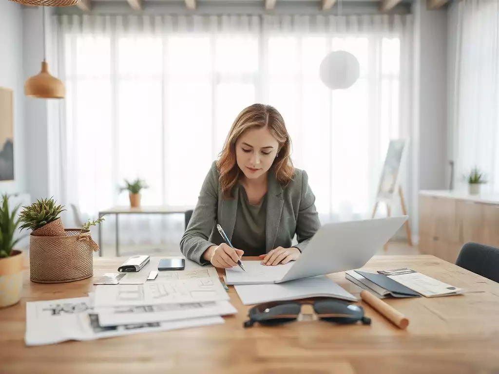 Interior designer working on a checklist for a project, with samples and blueprints on a table