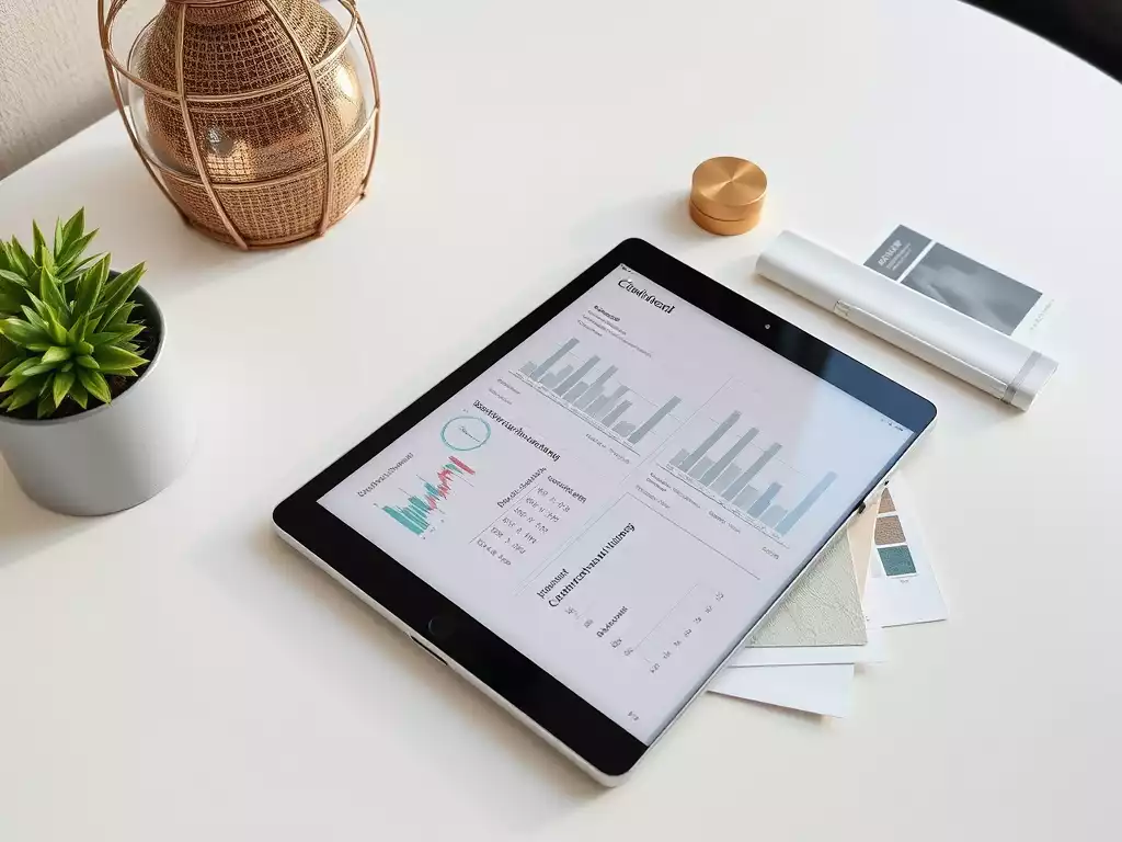 Modern interior design budget planning on a tablet with financial charts and material samples