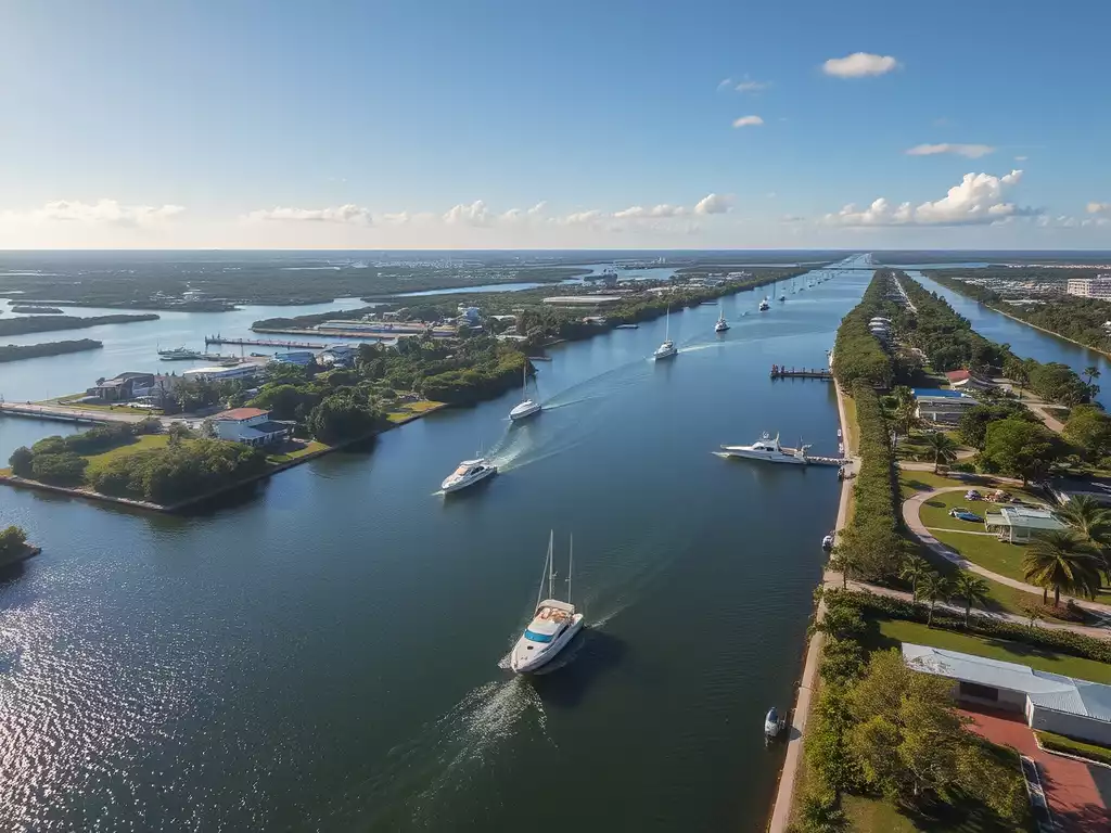 Aerial view of Cape Coral's extensive canal system with boats, sunny day, palm trees, no text, no words, no typography, 8K