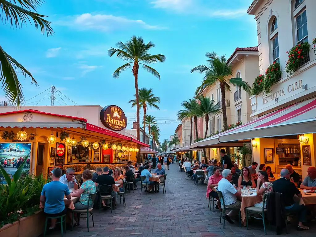 A vibrant street scene in Naples, Florida, with people dining outdoors at a restaurant, showcasing the local culinary experience, no text, no words, no typography, clean image