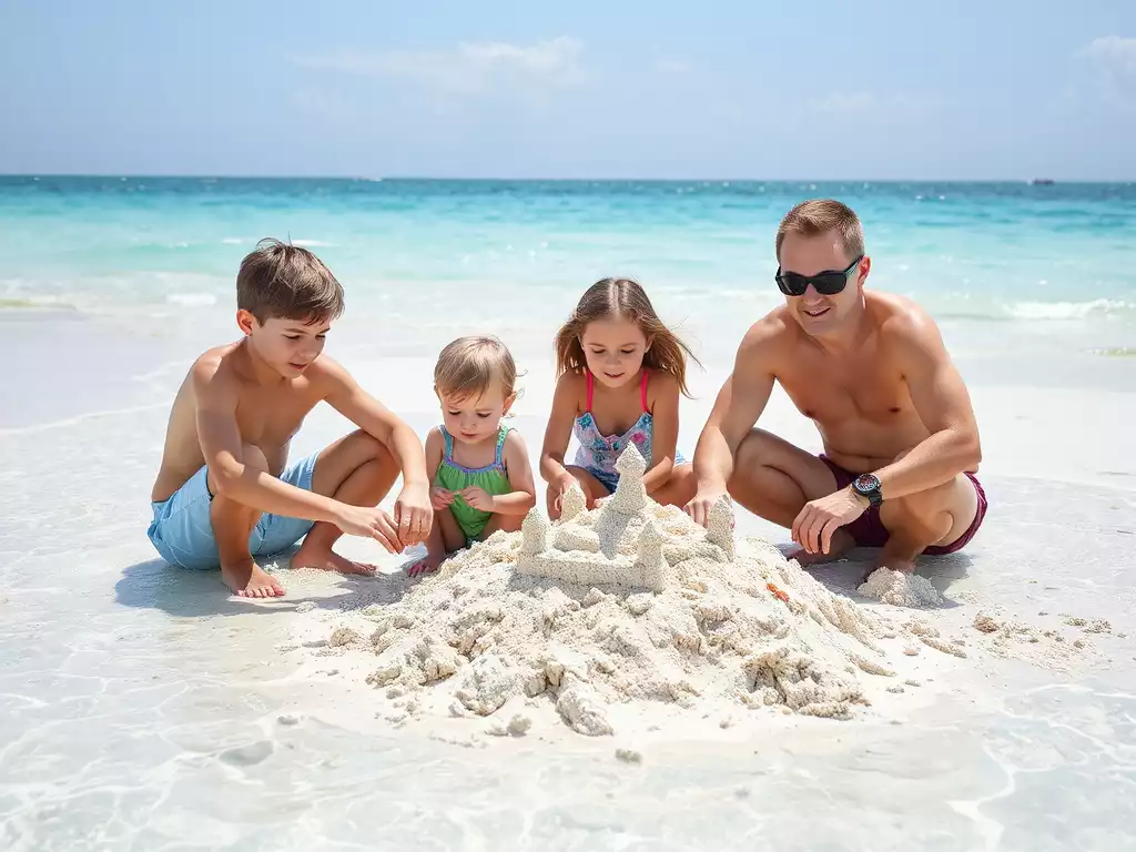 Family enjoying a sunny beach day in Cape Coral, building sandcastles, clear water, no text, no words, no typography, 8K