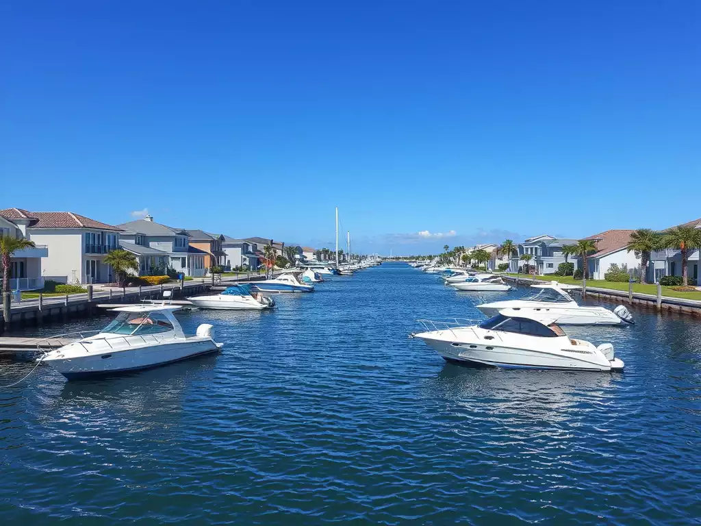 Boote auf einem der zahlreichen Kanäle in Cape Coral, Florida, mit Häusern am Ufer
