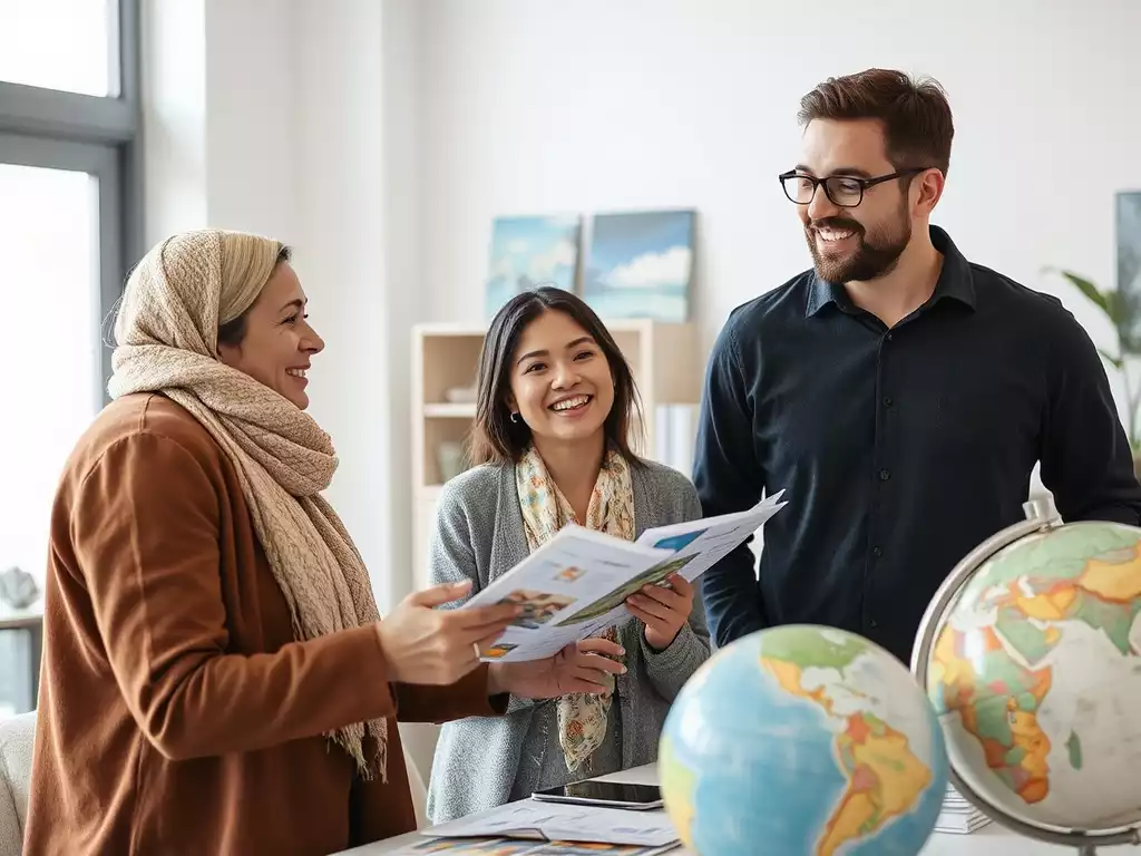 Travel agent explaining cultural nuances to a couple planning a trip