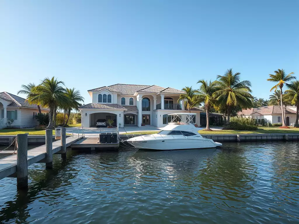 Luxurious waterfront home in Cape Coral with a boat docked, sunny weather, no text, no words, no typography