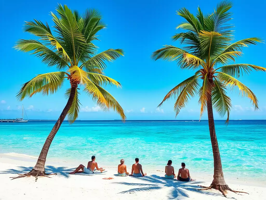 People relaxing on Cape Coral beach with palm trees and clear water