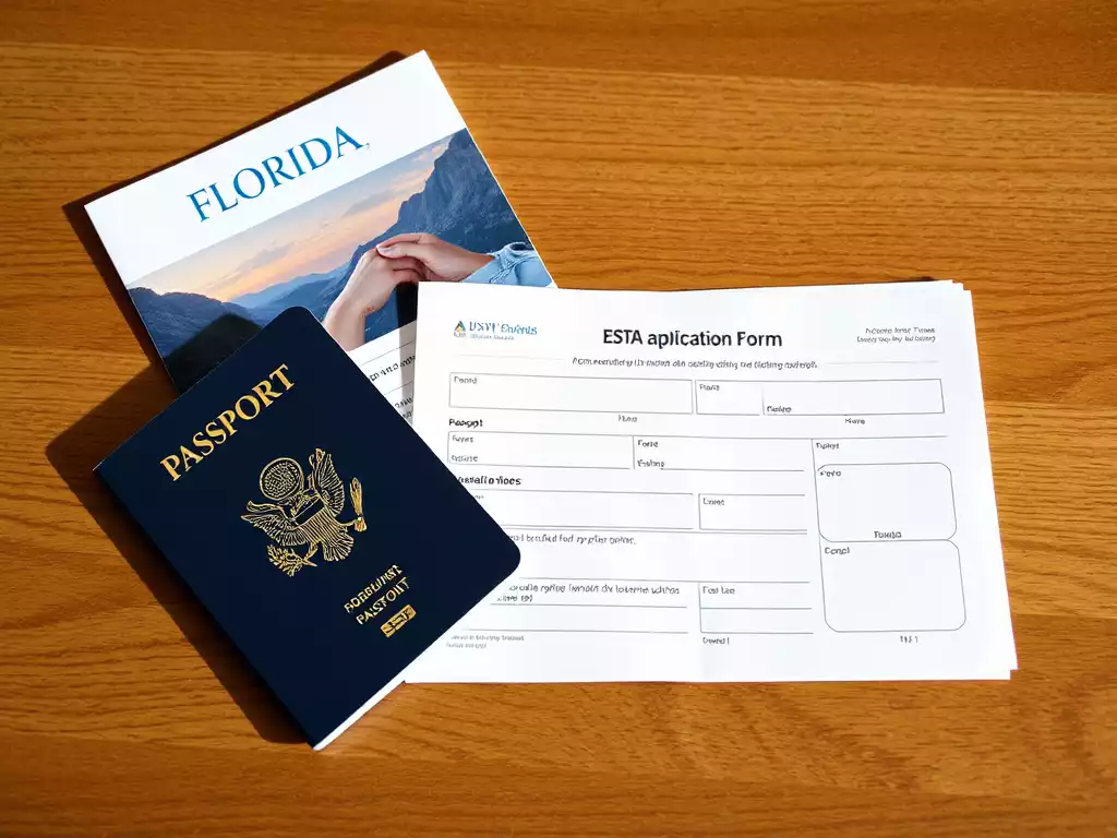 Documents for travel to Florida including passport and ESTA application on a table